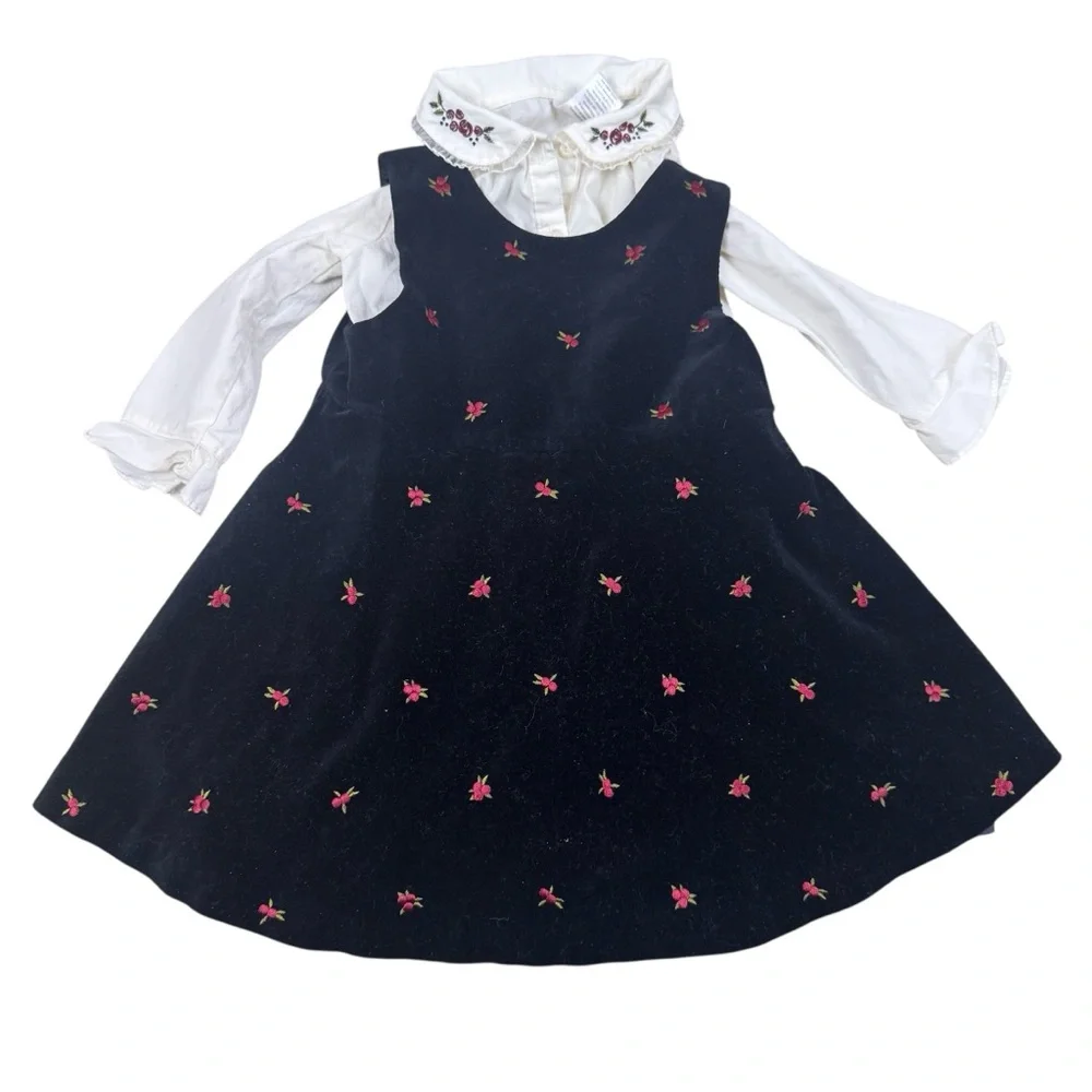Gymboree Velour Black Embroidered Floral & Matching Long Sleeve Shirt Girls 3T